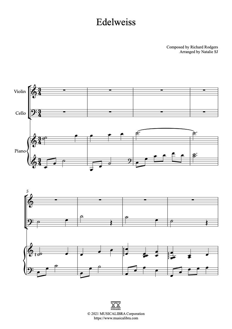 Partitura de Edelweiss para música de cámara de trío, violín, violonchelo y piano