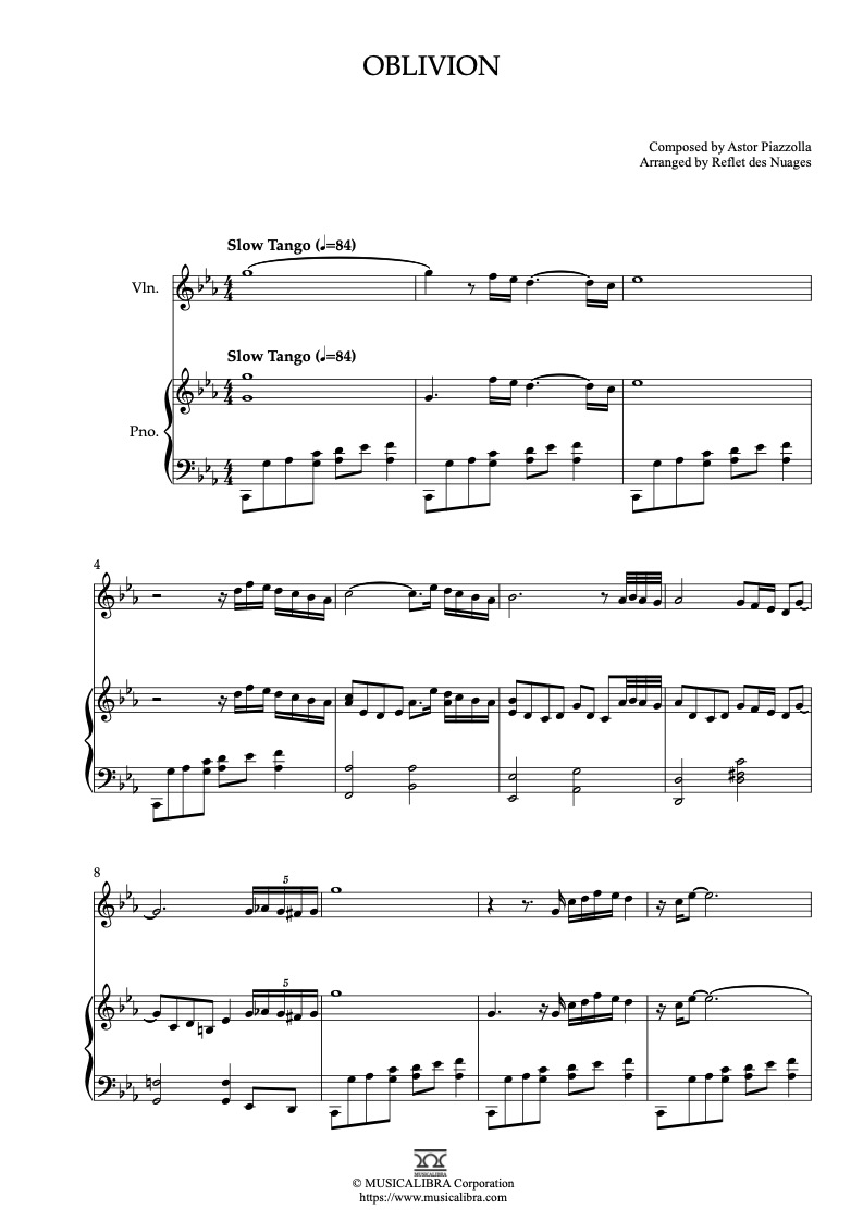 Astor Piazzolla Oblivion 二重奏 樂譜 - 小提琴, 鋼琴