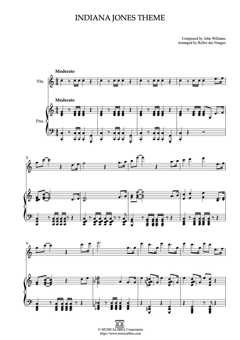 Indiana Jones Theme 二重奏 乐谱 - 小提琴, 钢琴