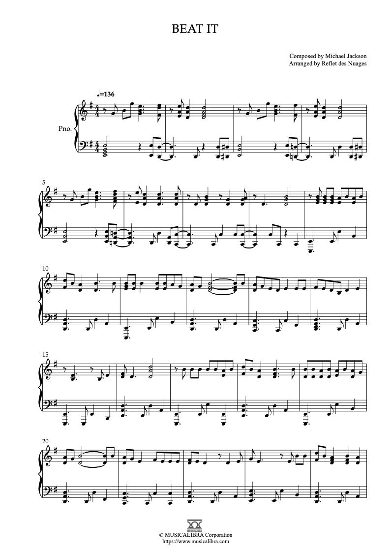 Sheet music of Michael Jackson Beat It arranged for piano solo preview page 1