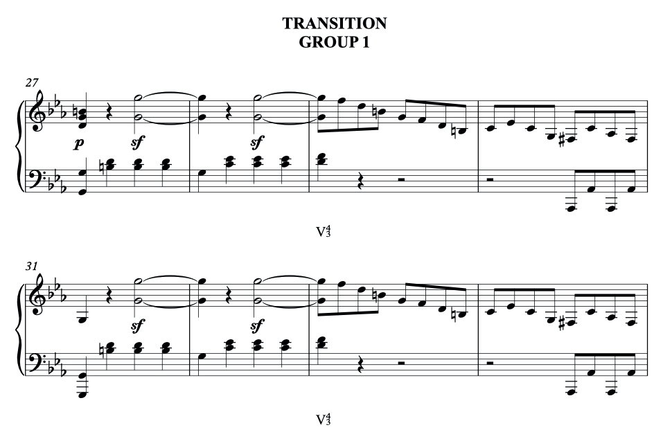 Analysis of Beethoven Piano Sonata No. 8 in C minor, Op. 13, "Sonata Pathétique" - mm. 27 to 34. Transition Group 1 with Broken V Chord