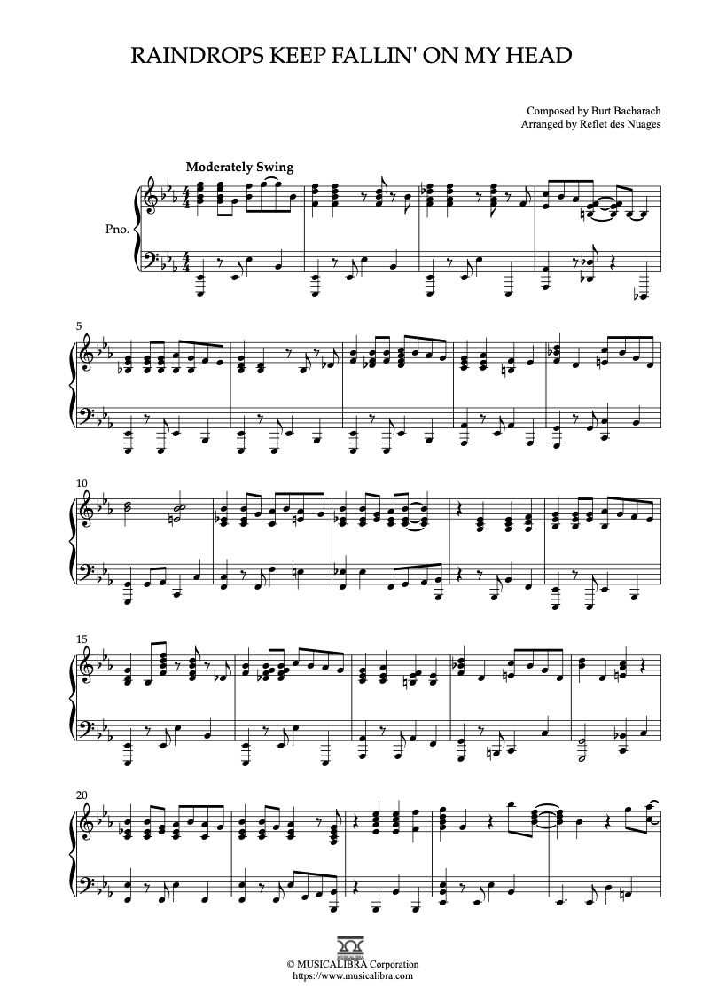 Partitura de Raindrops Keep Fallin' on My Head arreglada para piano solo