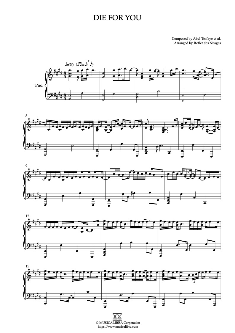 Partitura de The Weeknd Die For You arreglada para piano solo