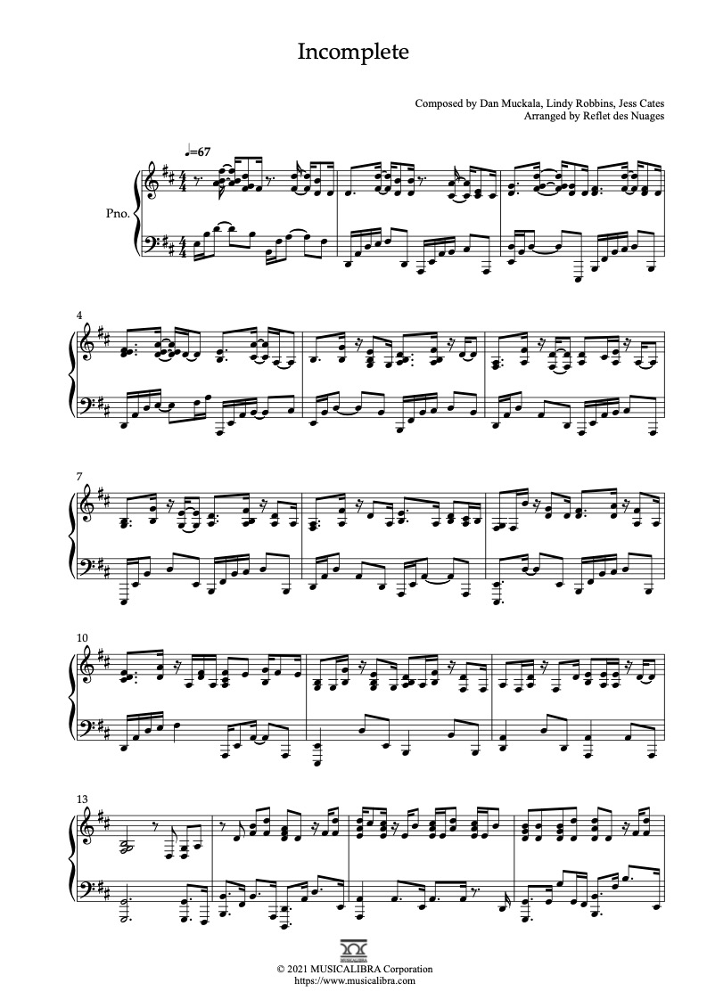 PIANO SOLO 楽譜] Incomplete ピアノ 編曲 楽譜 : MUSICALIBRA JAPAN