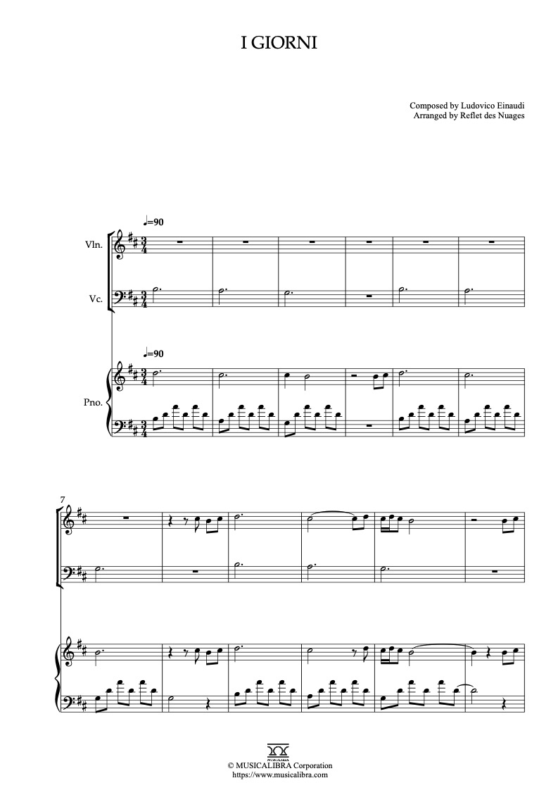 Partitura de Ludovico Einaudi I Giorni arreglada para trío de violín, violonchelo y piano