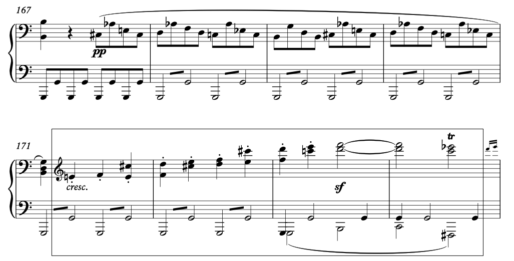 Analysis of Beethoven Piano Sonata No. 8 in C minor, Op. 13, "Sonata Pathétique" - mm. 167 - 174. Development Group 3