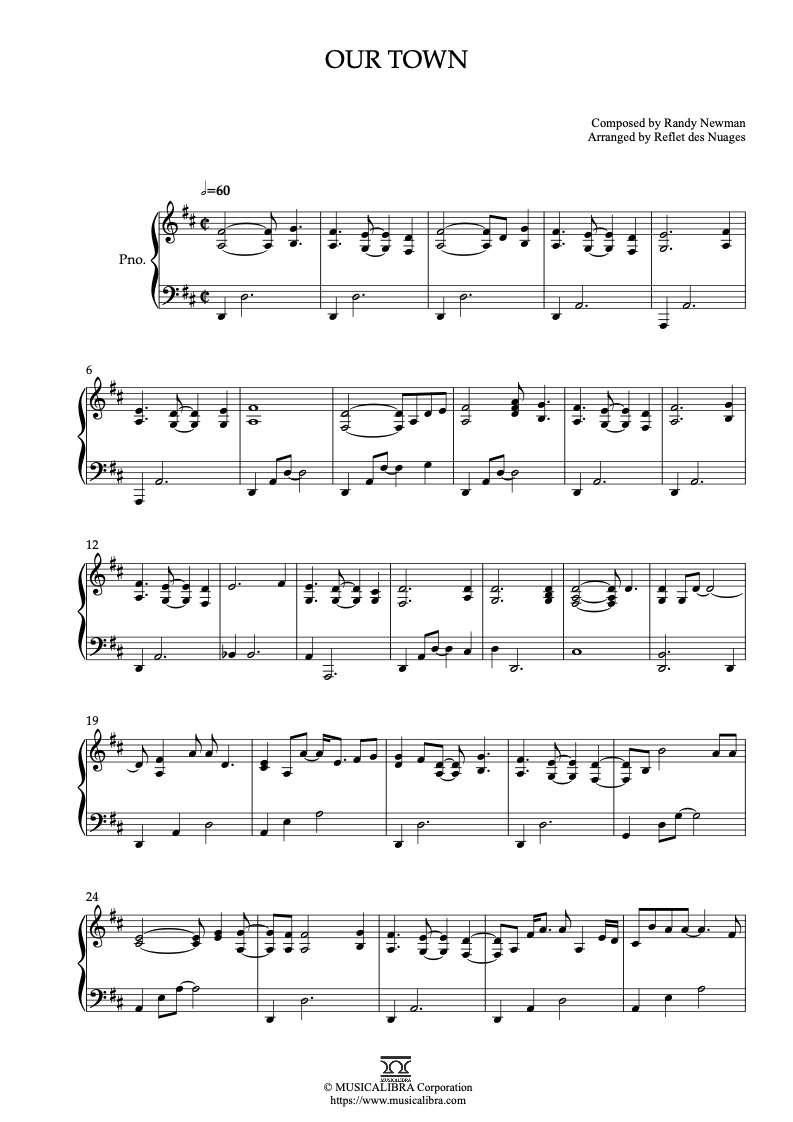 Partitura de Cars Our Town arreglada para piano solo