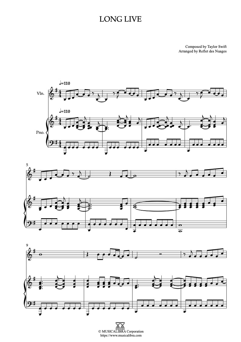 Sheet music of Taylor Swift Long Live arranged for violin and piano duet chamber ensemble preview page 1