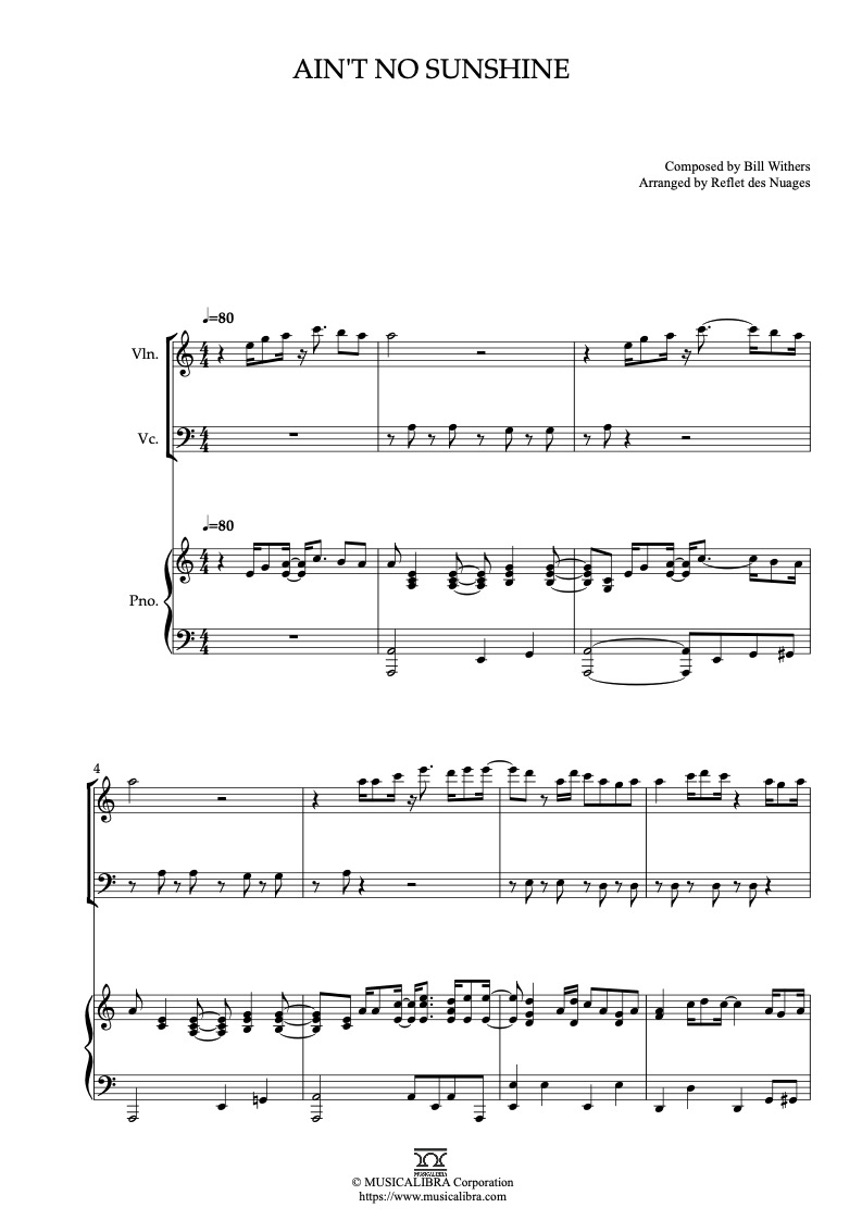 Bill Withers Ain't No Sunshine 編曲楽譜 - ヴァイオリン、チェロ、ピアノトリオ