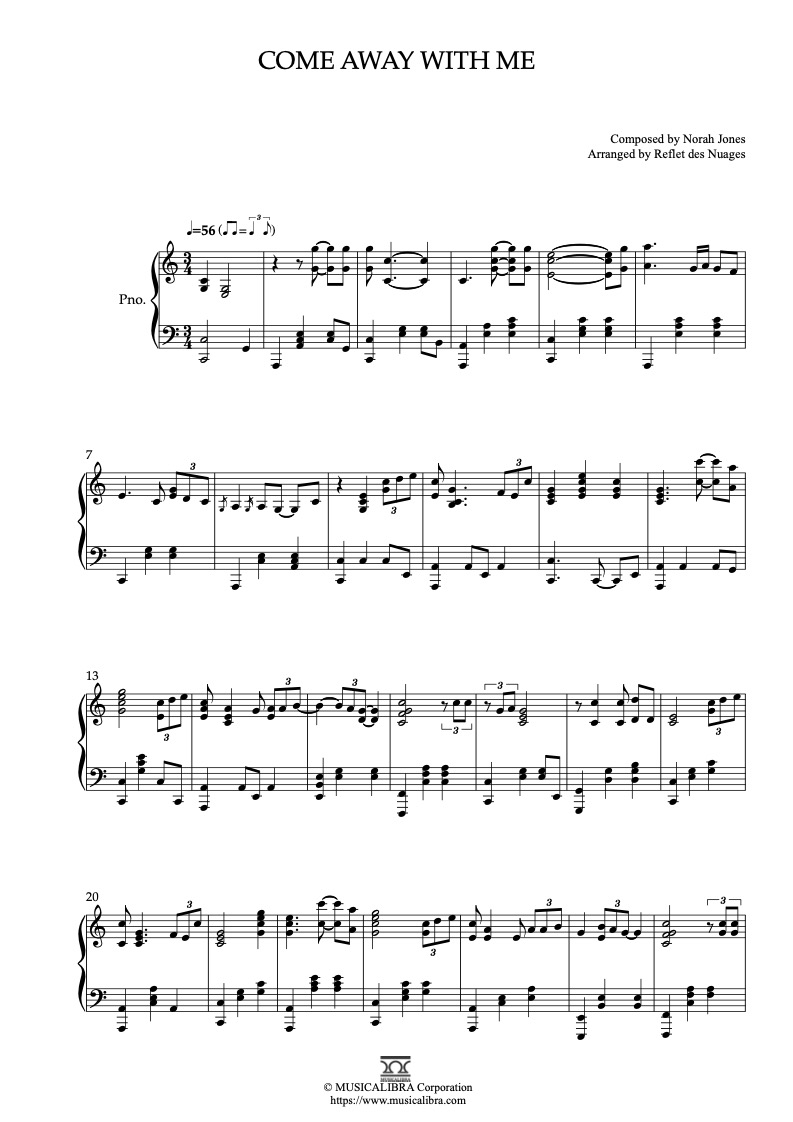 Norah Jones Come Away With Me ピアノソロ 編曲 楽譜