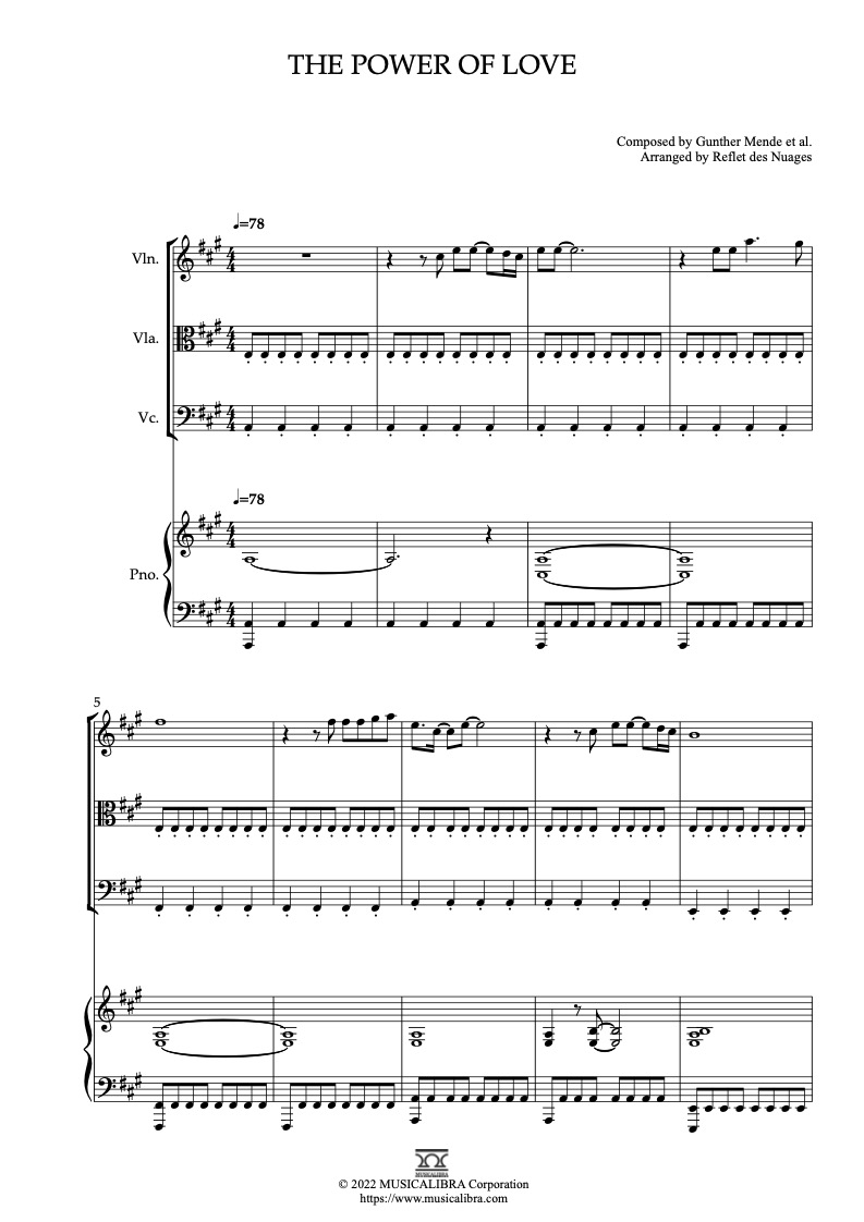 Sheet music of The Power of Love arranged for violin, viola, cello and piano quartet chamber ensemble preview page 1