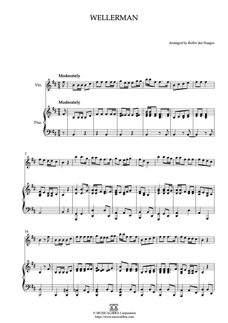 Sheet music of Wellerman arranged for violin and piano duet chamber ensemble preview page 1