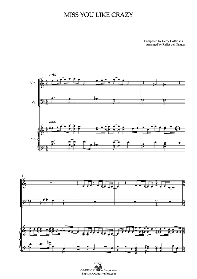 Natalie Cole Miss You Like Crazy 三重奏 乐谱 - 小提琴, 大提琴, 钢琴