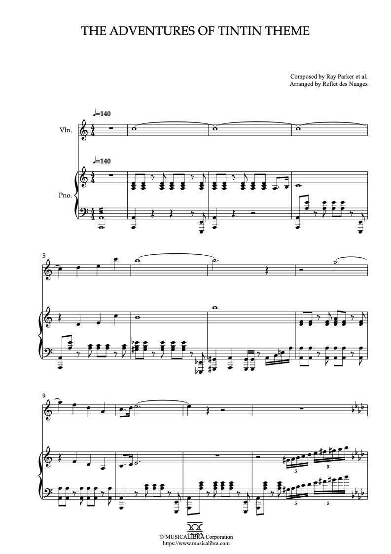 Partitura de The Adventures of Tintin Theme arreglada para dueto de violín y piano
