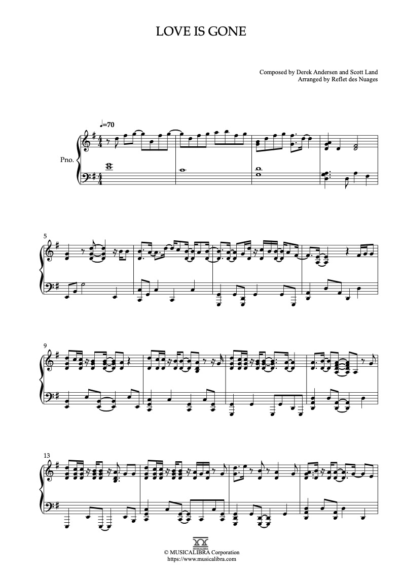 슬랜더 Slander Love Is Gone 피아노 솔로 편곡 악보