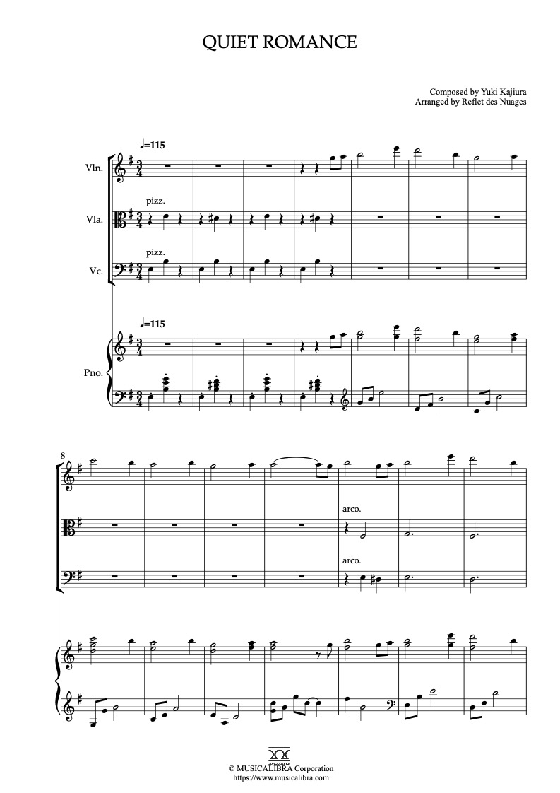 Sheet music of Quiet Romance arranged for violin, viola, cello and piano quartet chamber ensemble preview page 1