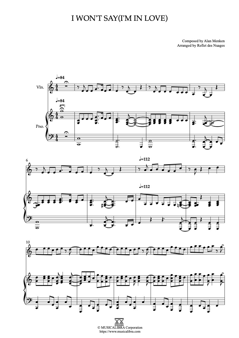Hercules Theme I Won’t Say(I’m in Love) 二重奏 乐谱 - 小提琴, 钢琴