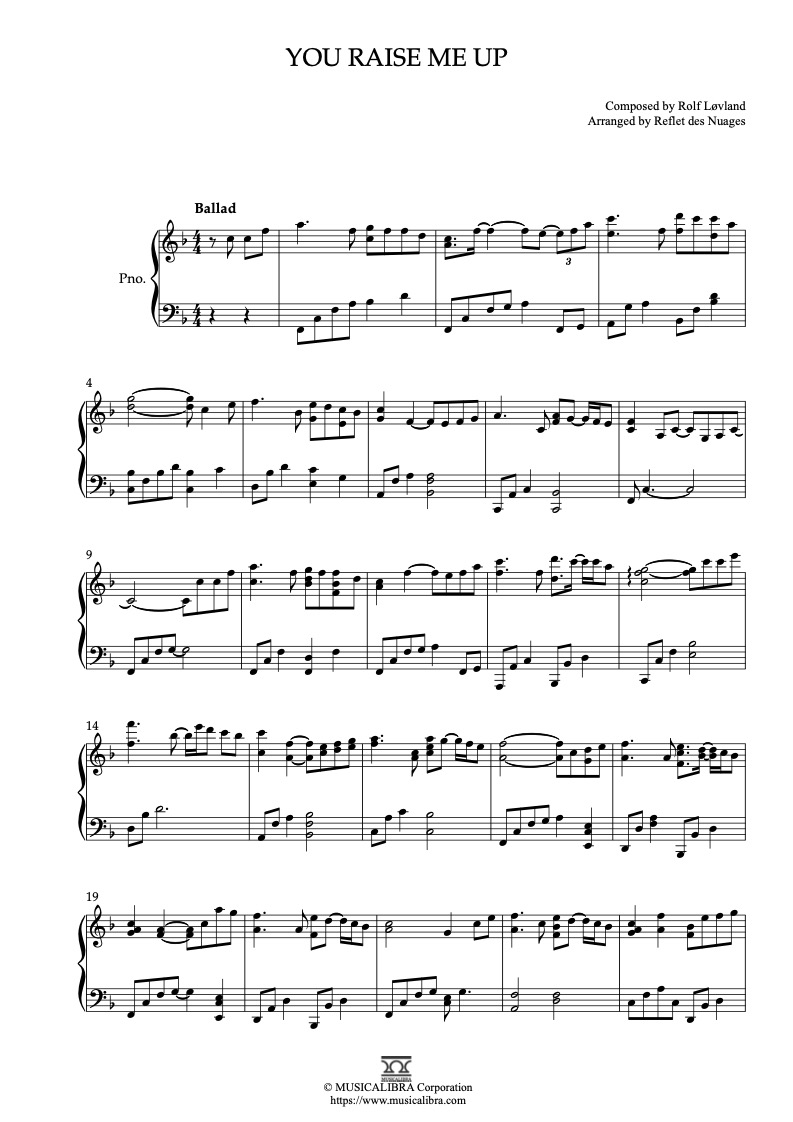 Sheet music of You Raise Me Up arranged for piano solo preview page 1