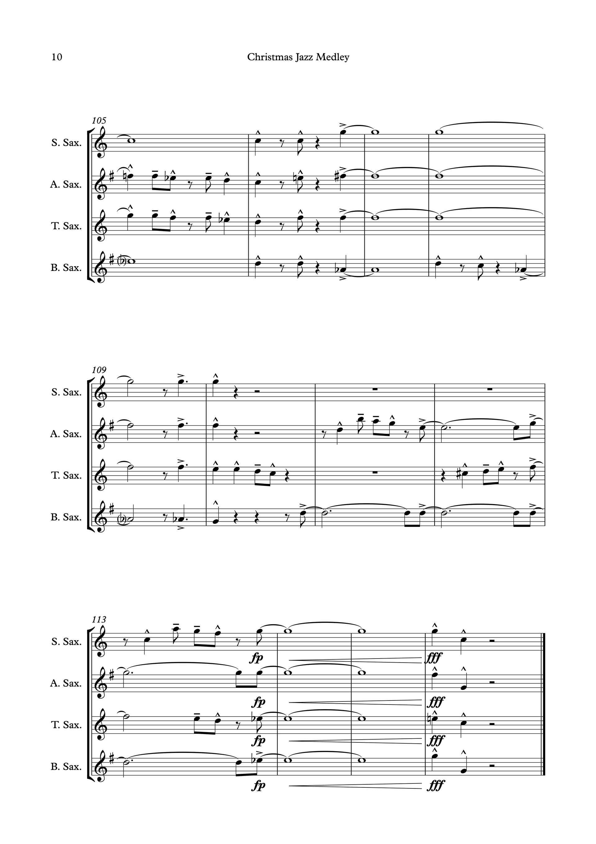 Sheet music of Christmas Jazz Medley arranged for saxophone quartet preview page 10