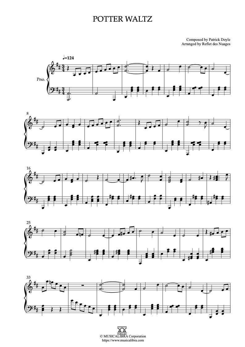 Partitura de Potter Waltz arreglada para piano solo