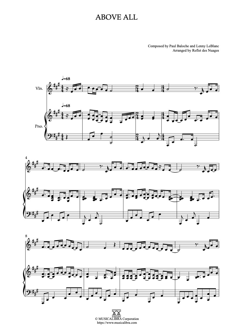 Sheet music of Above All arranged for violin and piano duet preview page 1