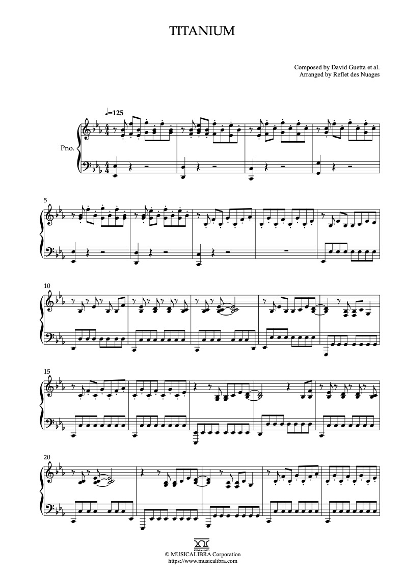 Sheet music of Titanium arranged for piano solo preview page 1