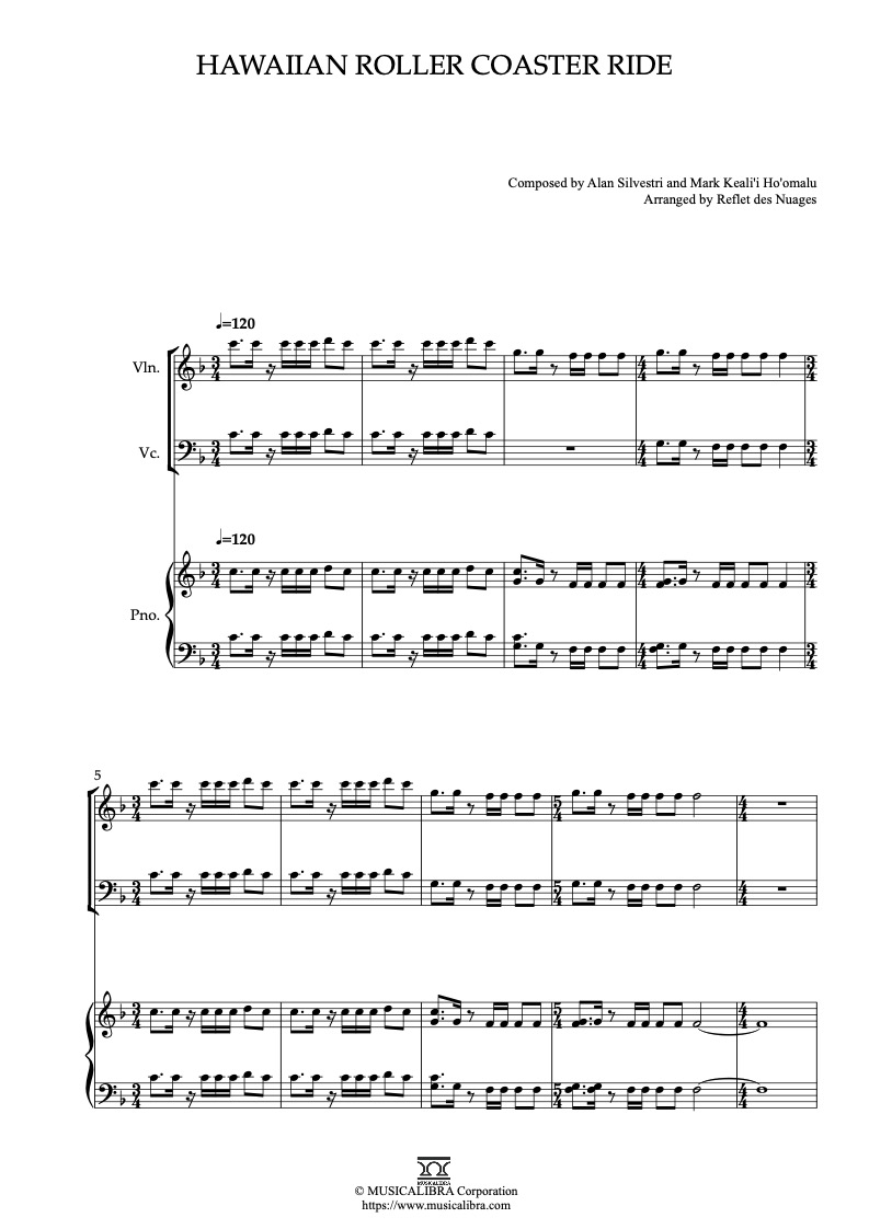 Lilo & Stitch Hawaiian Roller Coaster Ride 編曲楽譜 - ヴァイオリン、チェロ、ピアノトリオ