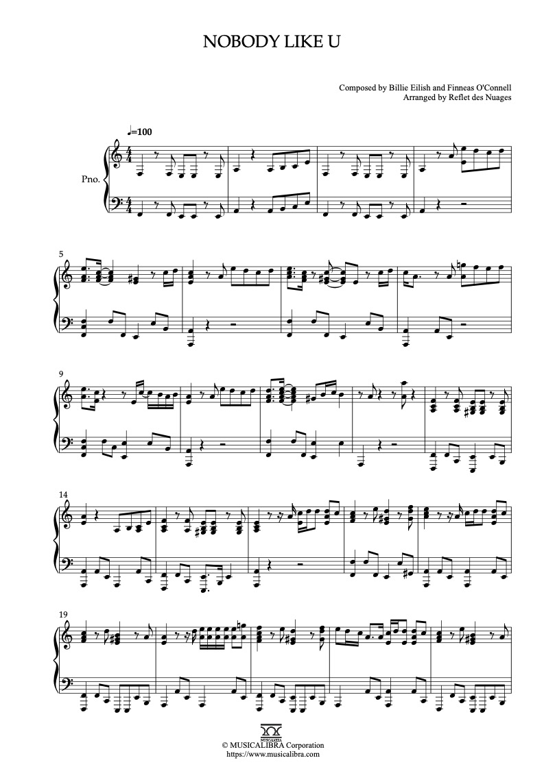 Partitura de Turning Red Nobody Like U arreglada para piano solo
