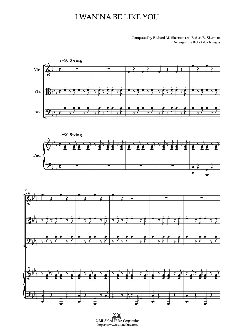 Sheet music of The Jungle Book I Wan’na Be Like You arranged for violin, viola, cello and piano quartet chamber ensemble preview page 1