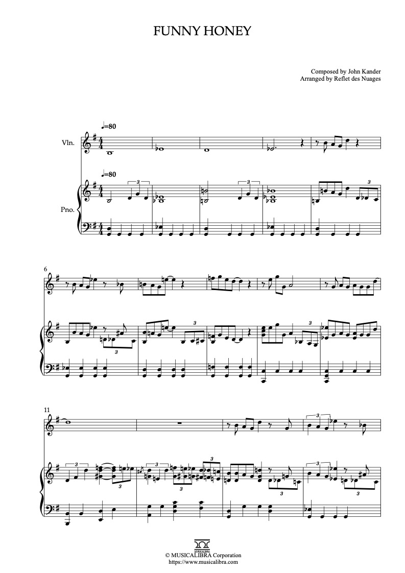 Sheet music of Chicago Funny Honey arranged for violin and piano duet preview page 1