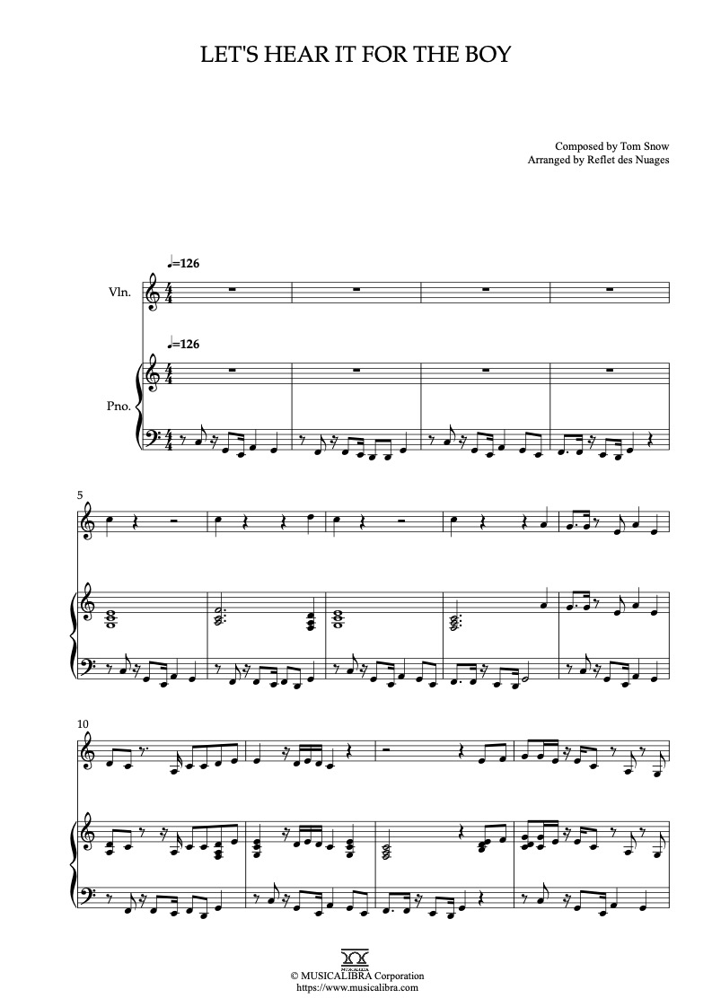 Sheet music of Deniece Williams Let's Hear It for the Boy arranged for violin and piano duet chamber ensemble preview page 1