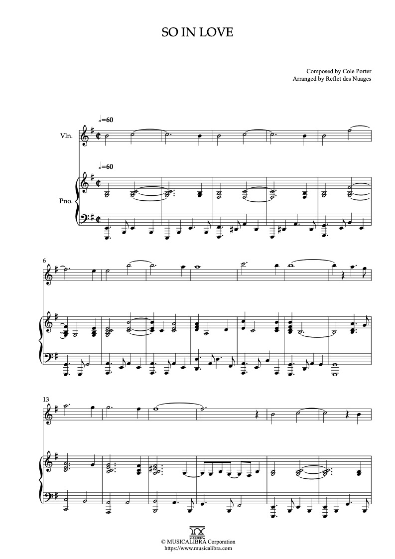 Sheet music of Cole Porter So in Love arranged for violin and piano duet chamber ensemble preview page 1