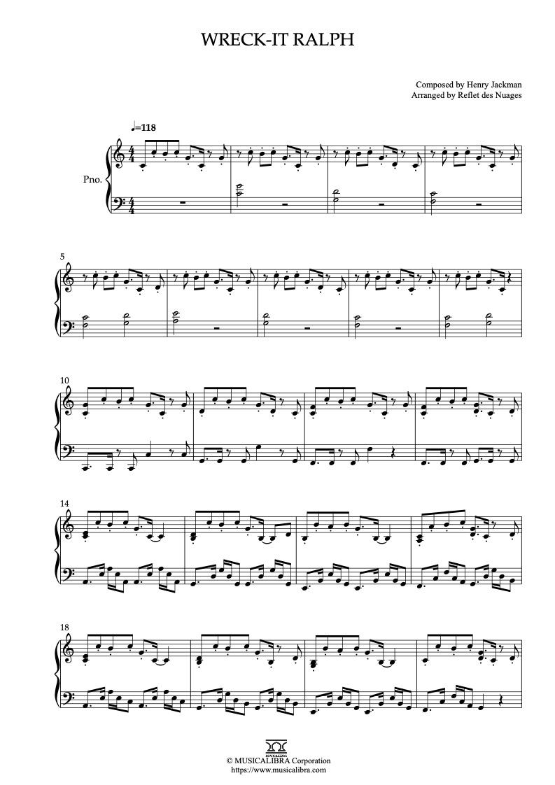 Partitura de Wreck-It Ralph arreglada para piano solo