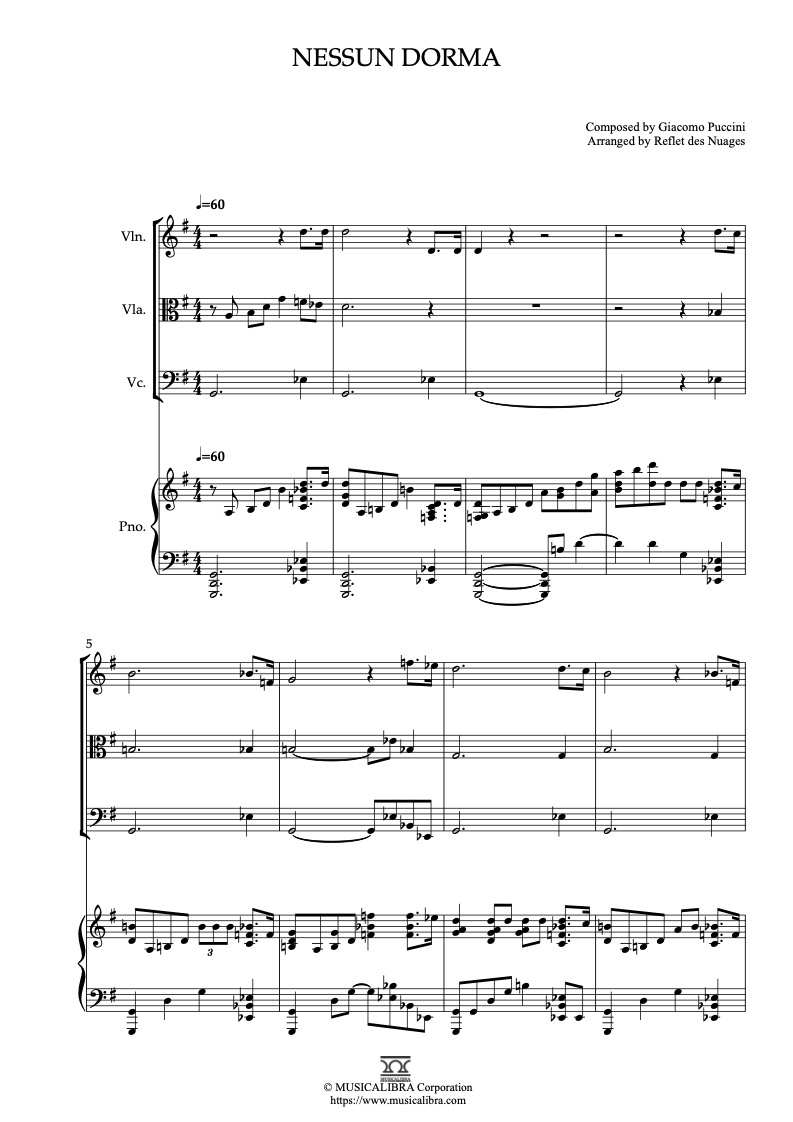 Turandot Nessun Dorma 編曲楽譜 - ヴァイオリン、ビオラ、チェロ、ピアノ 室内楽 アンサンブル