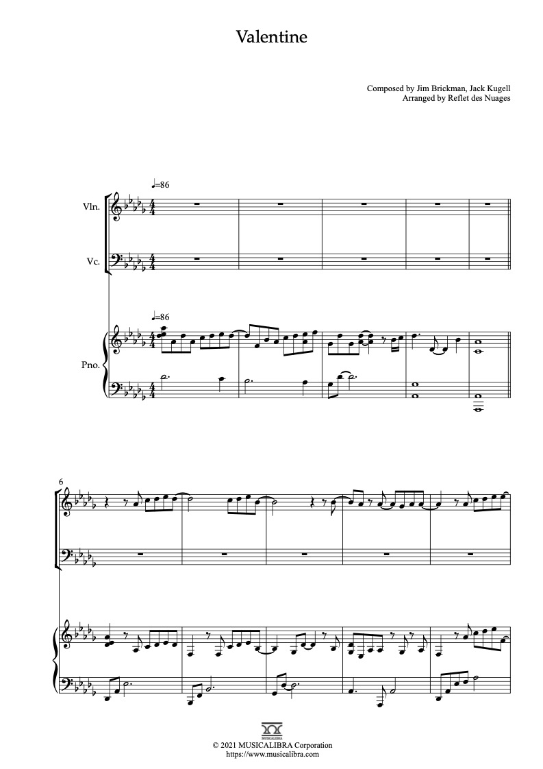 Sheet music of Jim Brickman Valentine arranged for violin, cello and piano trio chamber ensemble preview page 1