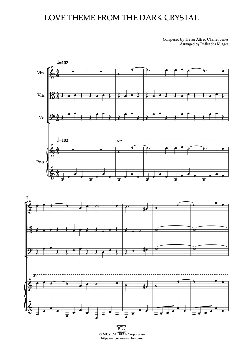Partitura de Love Theme From the Dark Crystal arreglada para cuarteto de violín, viola, violonchelo y piano