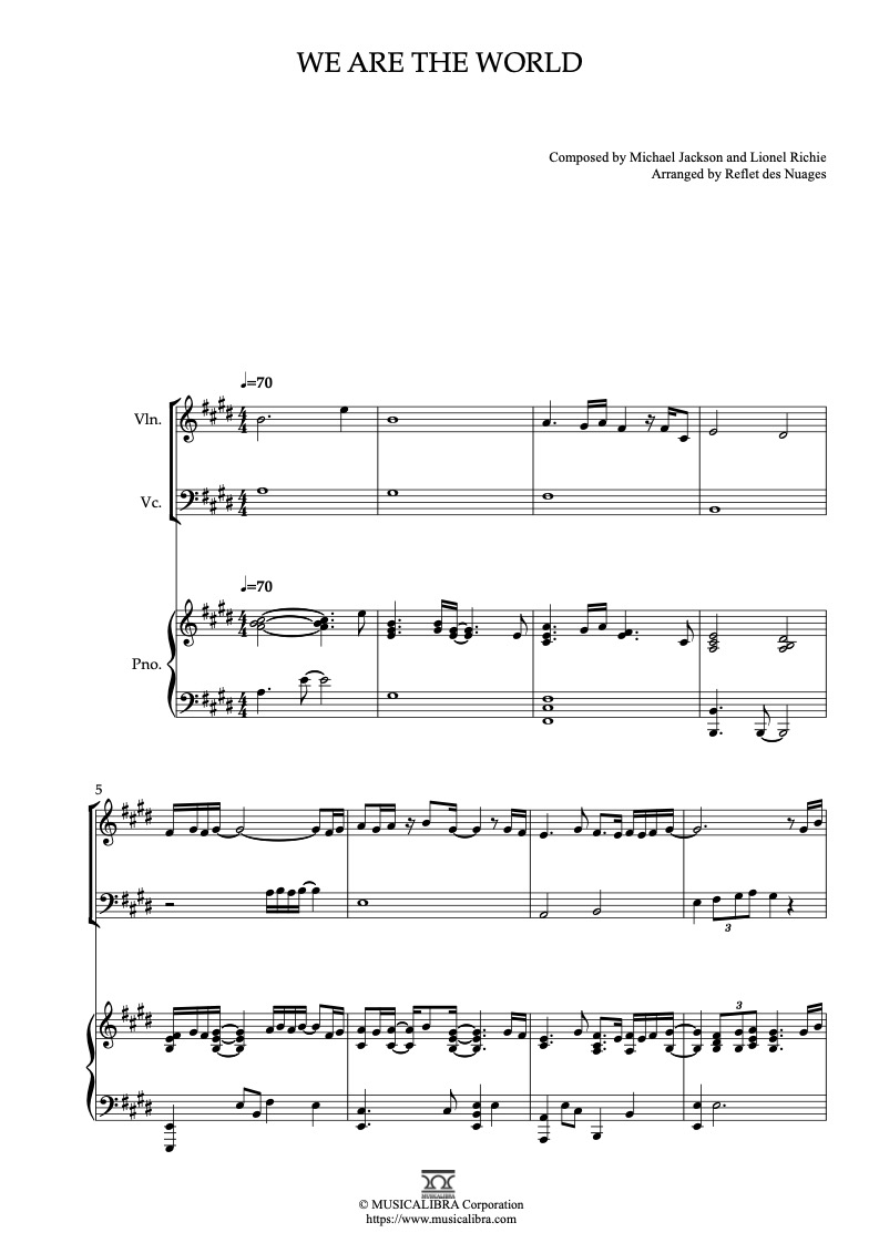 Sheet music of USA for Africa We Are the World arranged for violin, cello and piano trio chamber ensemble preview page 1