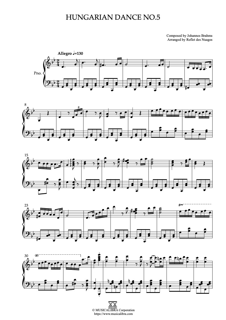 Partitura de Hungarian Dances No.5 arreglada para piano solo