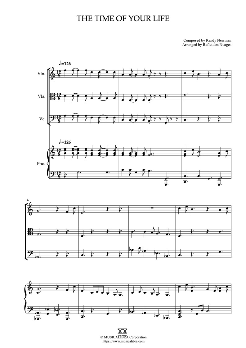 Partitura de A Bug's Life The Time of Your Life arreglada para cuarteto de violín, viola, violonchelo y piano