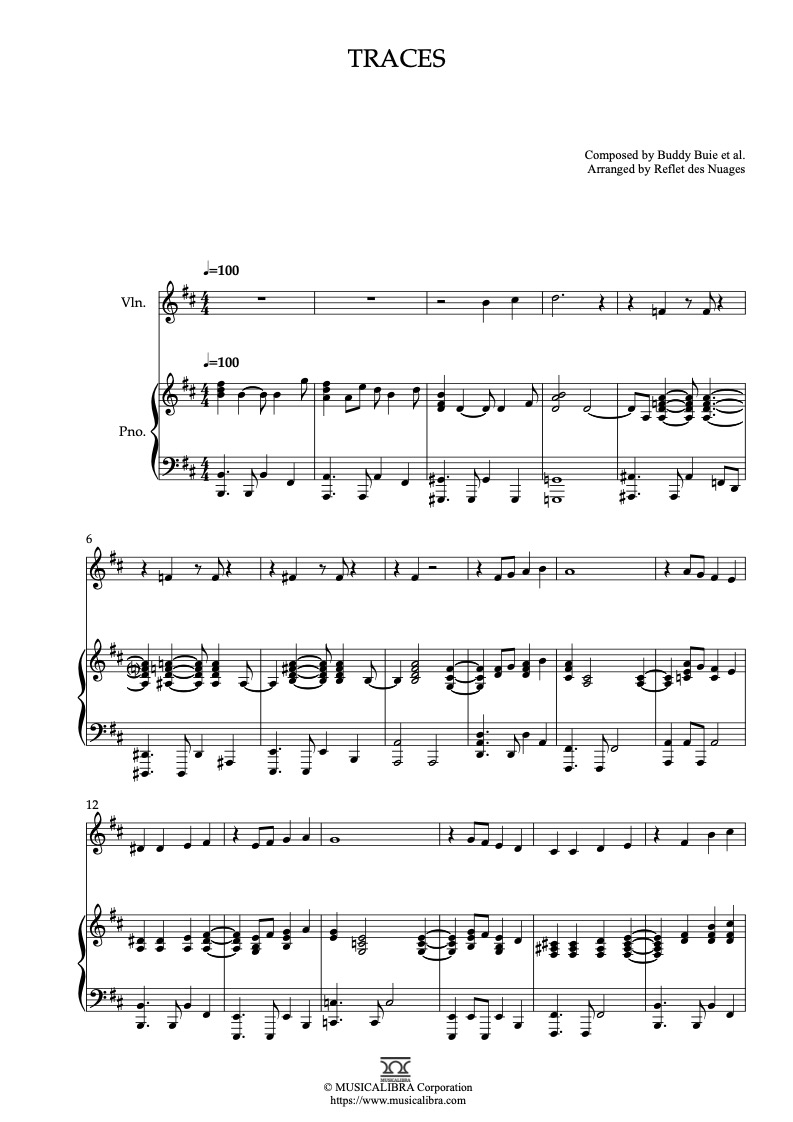 Sheet music of Classic IV Traces arranged for violin and piano duet chamber ensemble preview page 1