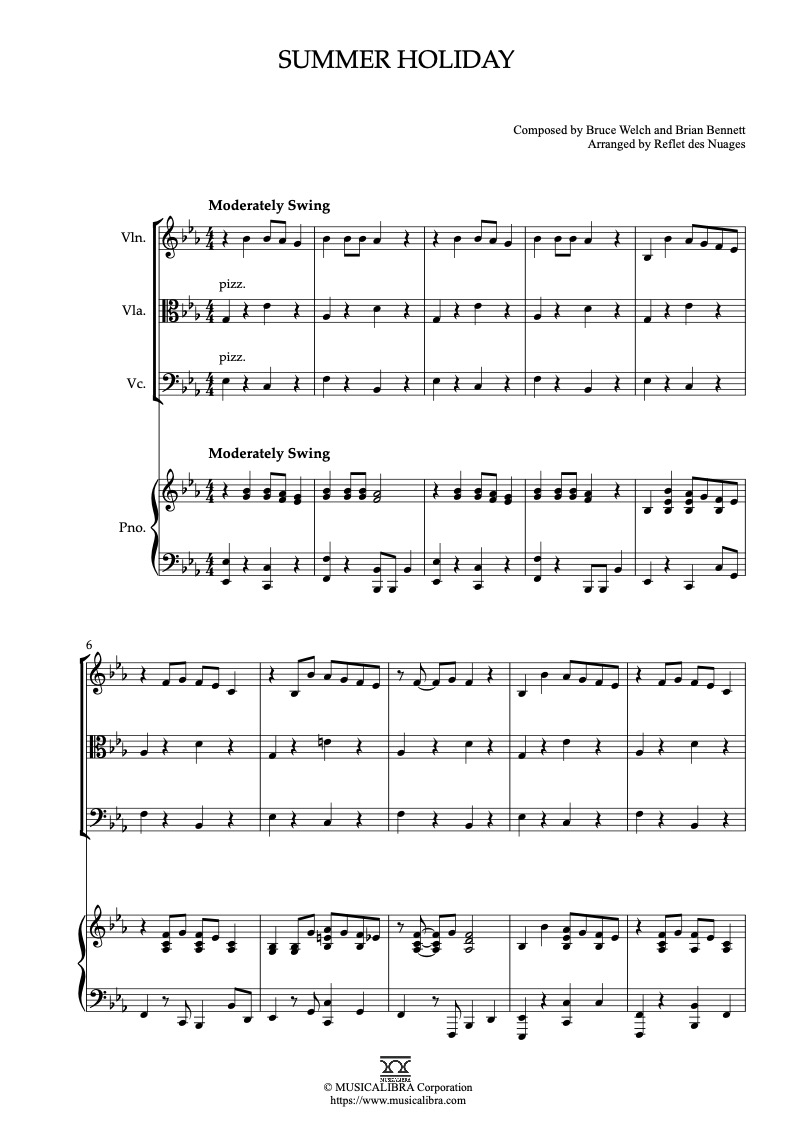 Sheet music of Cliff Richard Summer Holiday arranged for violin, viola, cello and piano quartet chamber ensemble preview page 1