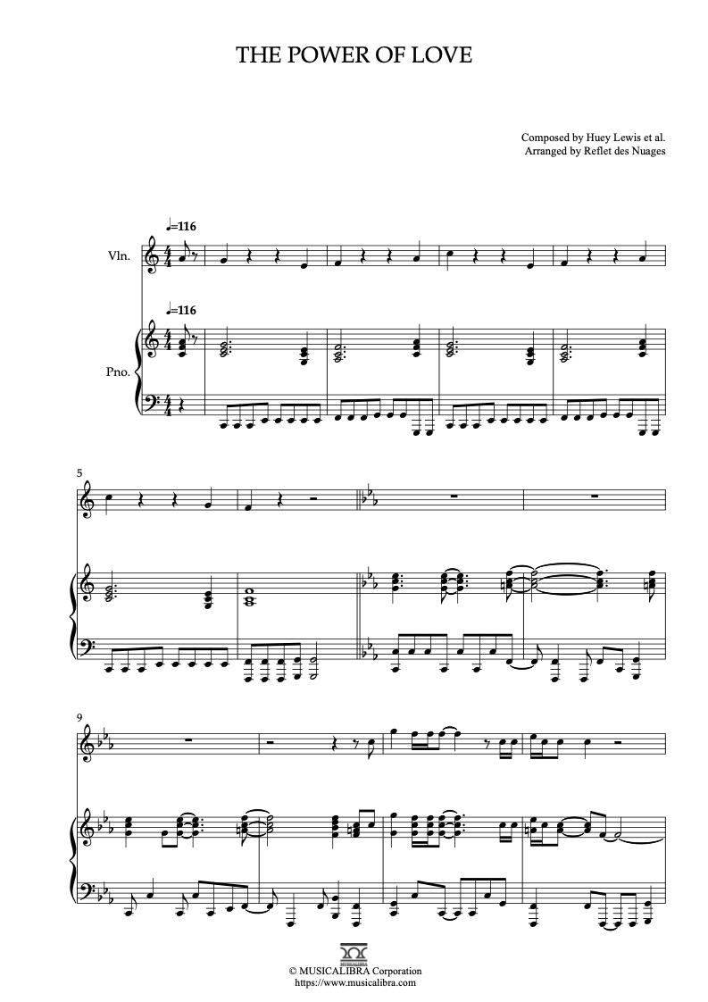Partitura de Huey Lewis The Power of Love arreglada para dueto de violín y piano