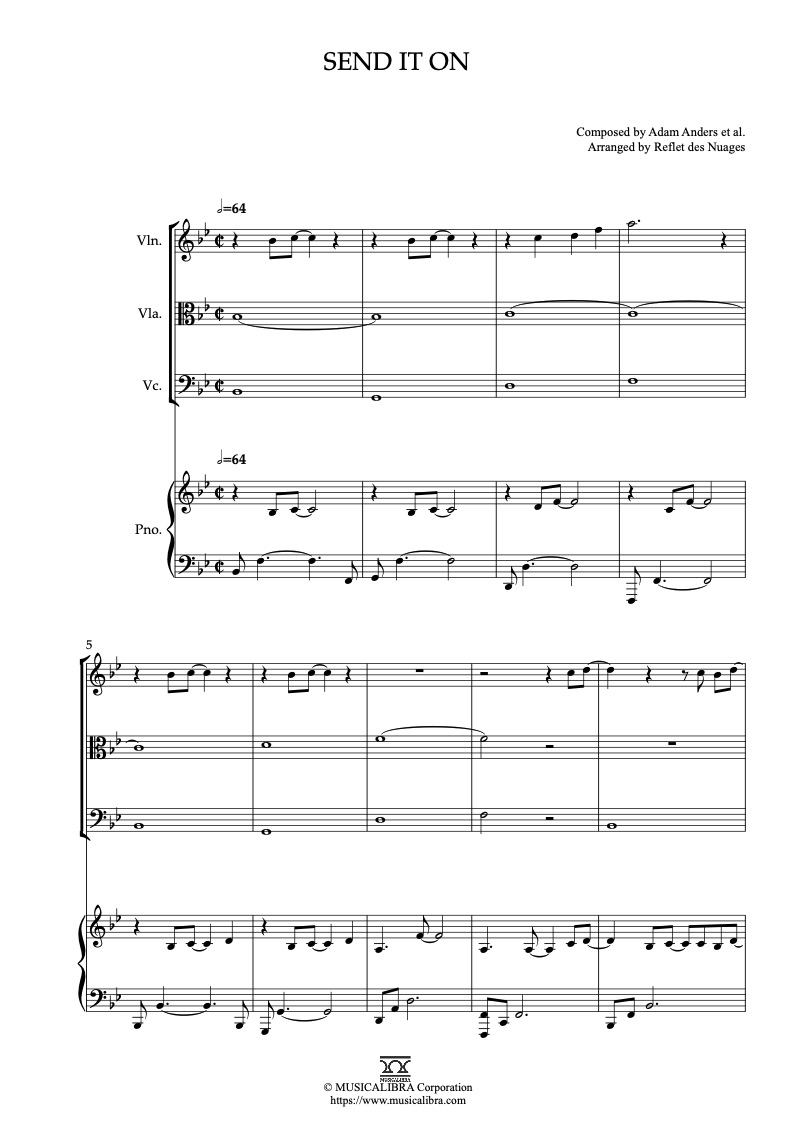 Partitura de Friends for Change Send It On arreglada para cuarteto de violín, viola, violonchelo y piano