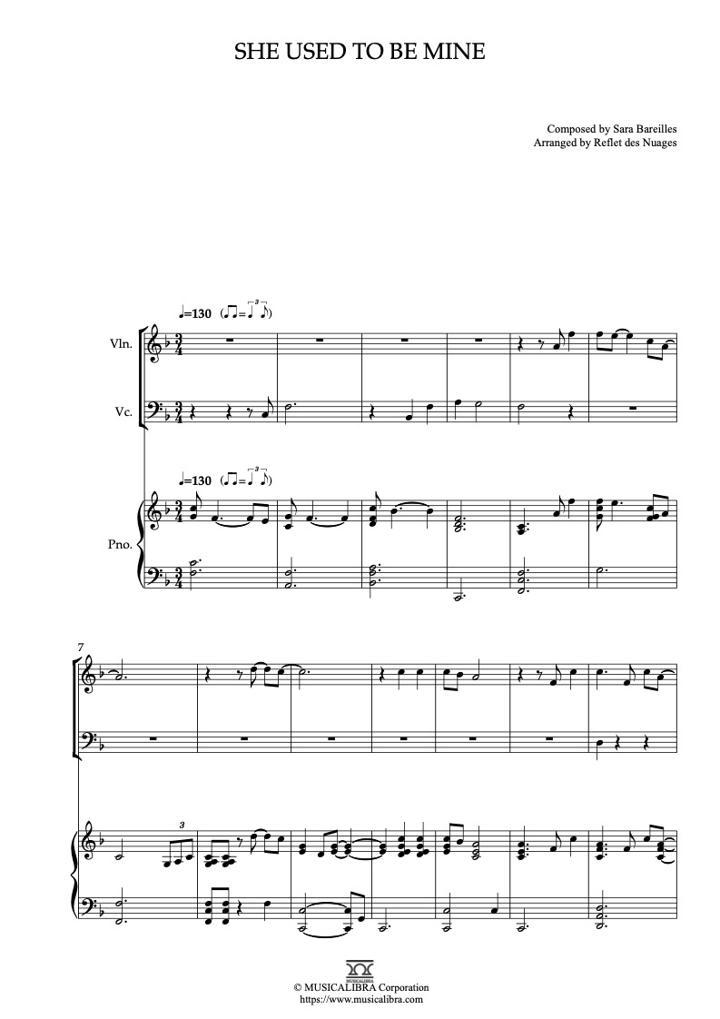 Sara Bareilles She Used to Be Mine 三重奏 乐谱 - 小提琴, 大提琴, 钢琴