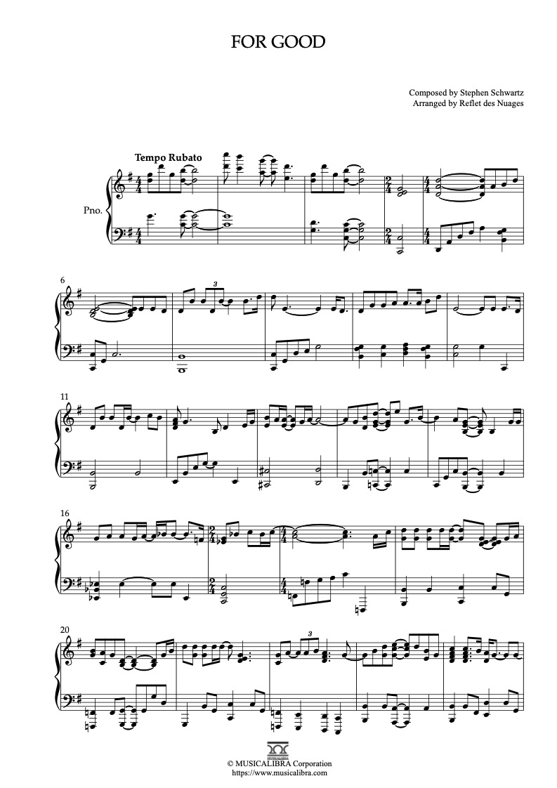 Partitura de Wicked Themes For Good arreglada para piano solo