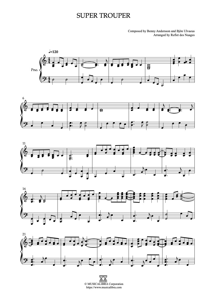 Partitura de ABBA Super Trouper arreglada para piano solo