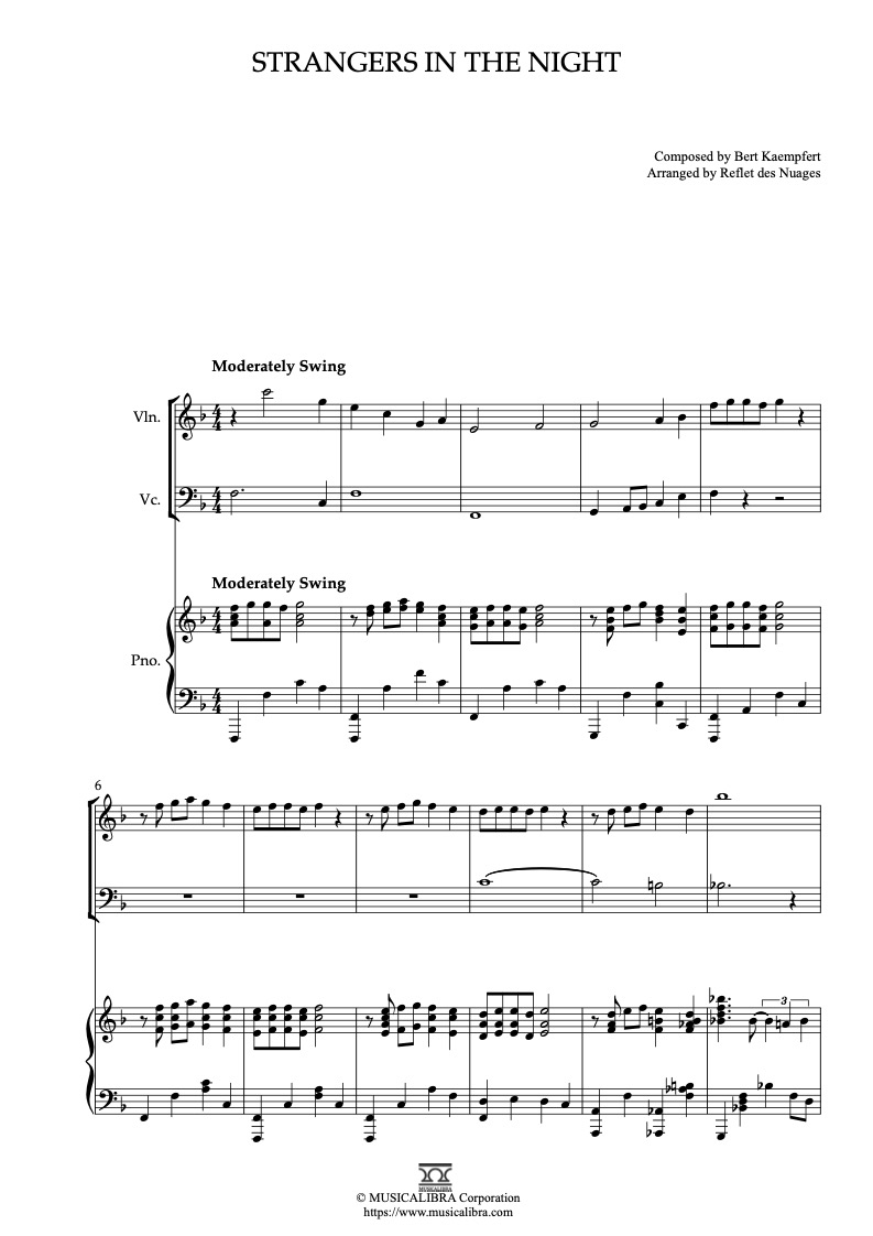Partitura de Frank Sinatra Strangers in the Night arreglada para trío de violín, violonchelo y piano
