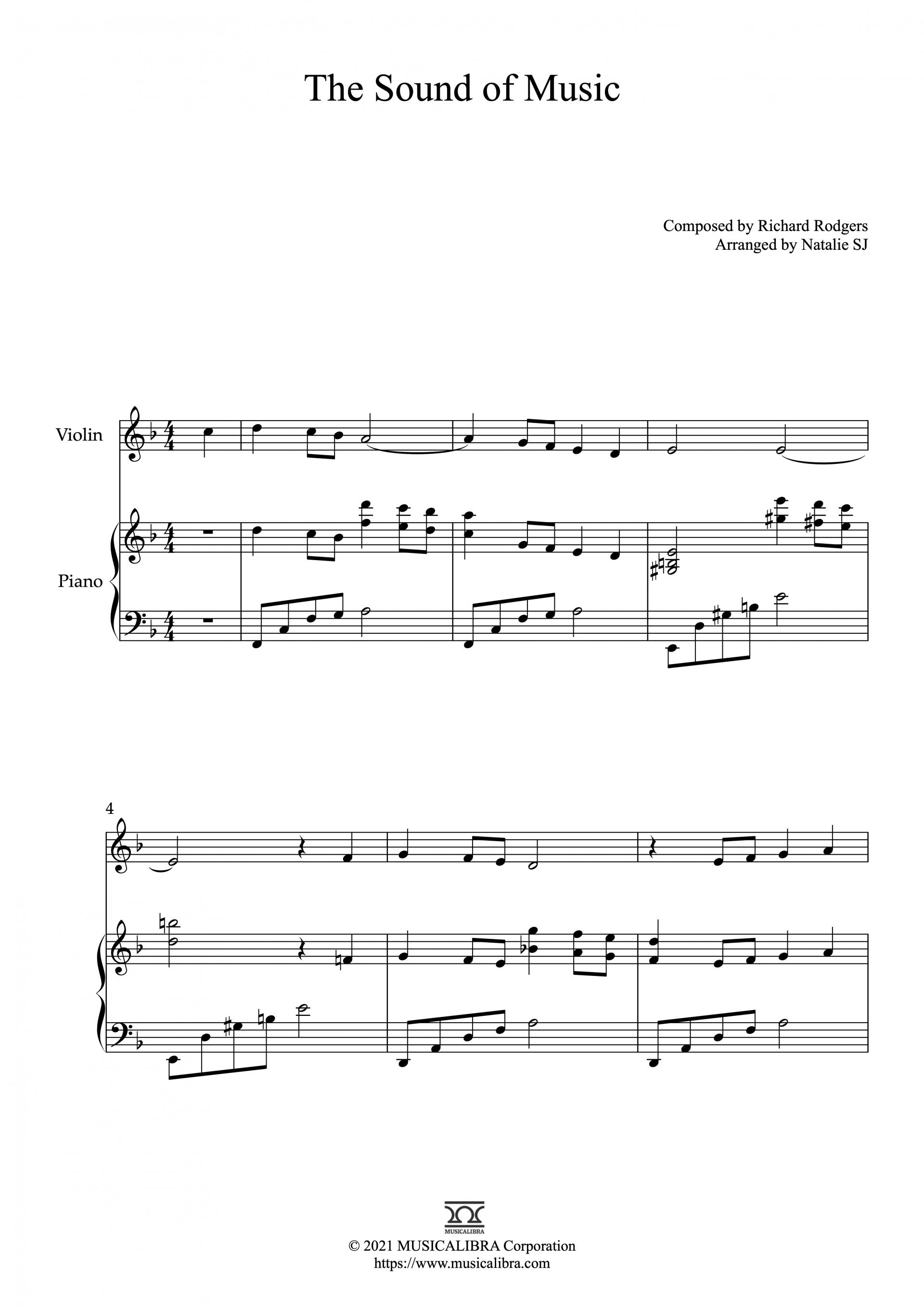 Free Sheet music of The Sound of Music arranged for violin and piano duet chamber ensemble preview page 1