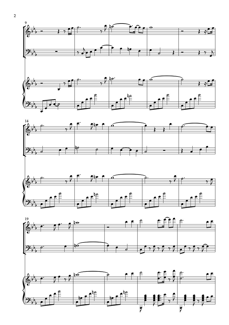 Sheet music of Nausicaä of the Valley of the Wind Fantasia(For Nausicaä) arranged for violin, cello and piano trio chamber ensemble preview page 2