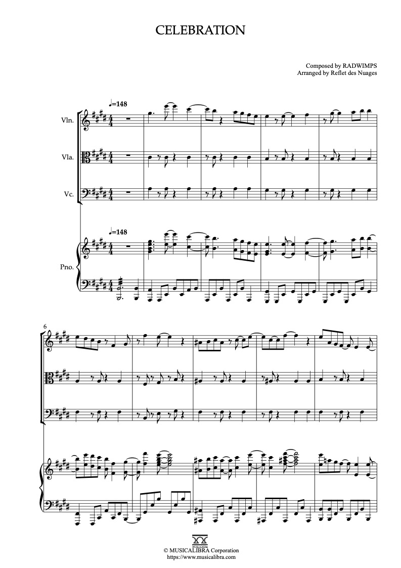 Weathering With You Celebration 編曲楽譜 - ヴァイオリン、ビオラ、チェロ、ピアノ 室内楽 アンサンブル